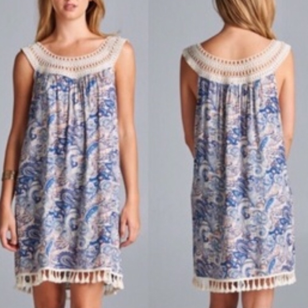 JODIFL Paisley Boho Fringe Summer Shift Dress NWT